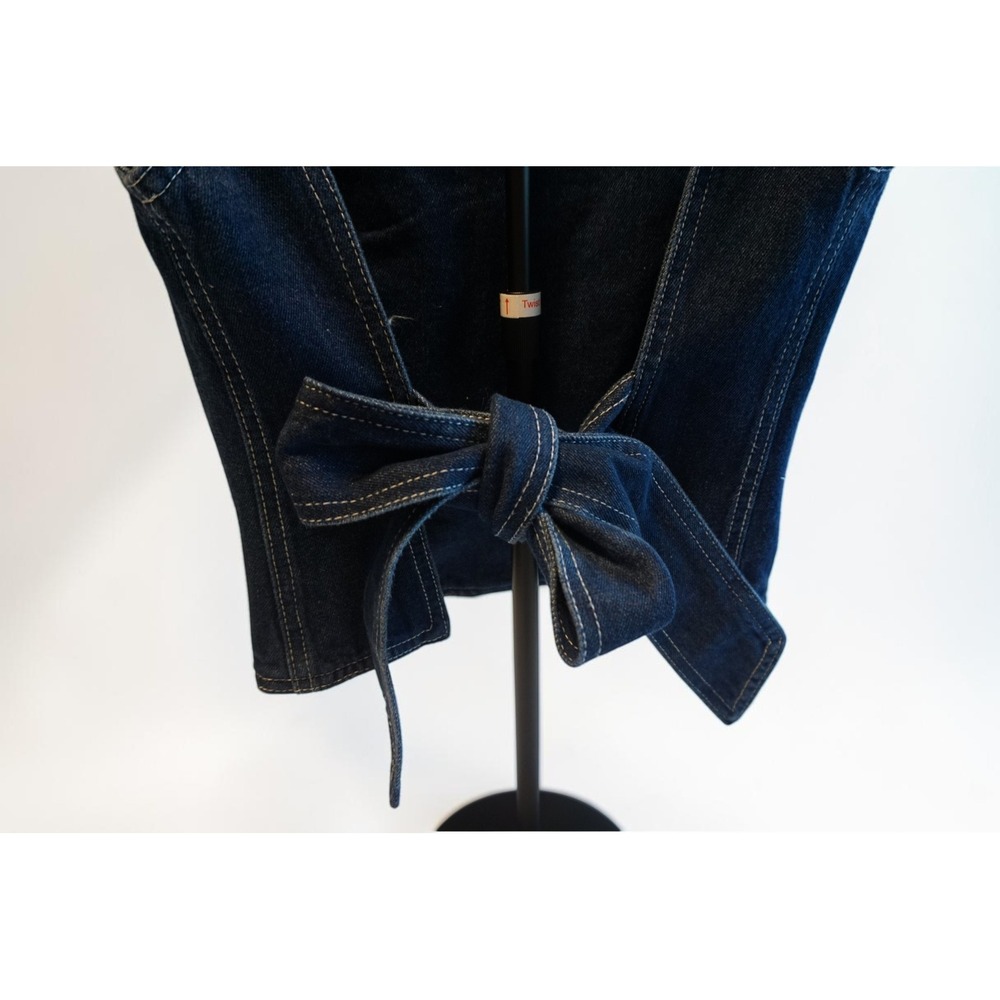 Lioness Dark Wash Denim Open Back Tie Bow Crop Top Small - Picture 4 of 12